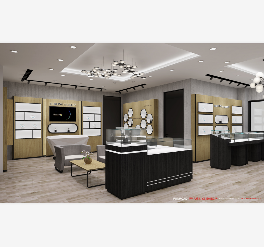 Custom design mall jewelry shop display counter, wall jewelry showcase