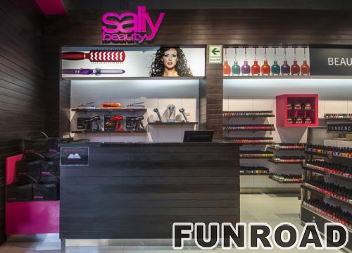 Cosmetic Store Wooden Wall Counters LED Lighted Display Wall Shelves