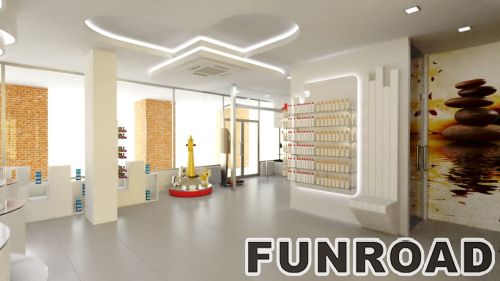 Retail store interior designs with wooden display cabinets