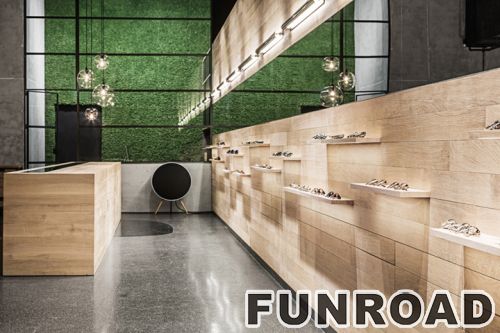 Golden Wood Optical Display Showcase for Sunglass Store Design