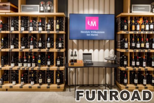 Laminated MDF display shelves and checkout counter designs for wine store decoration