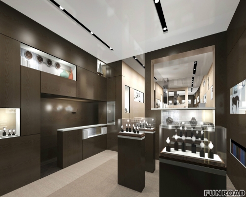 Funroad provide free 3D watch shop interior design and wooden display counter showcase