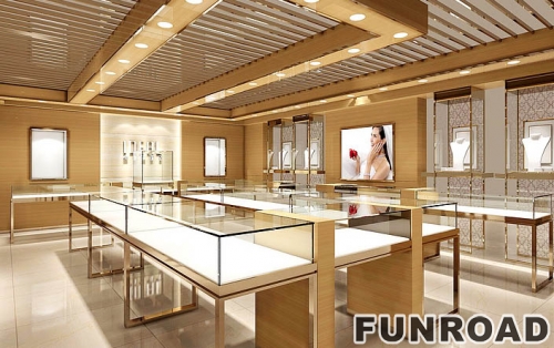 Golden Wood Display Showcase for Jewelry Brand Store Design