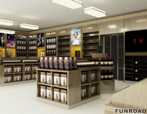 Wooden wine display cabinet and liquor display stand for duty free store interior design