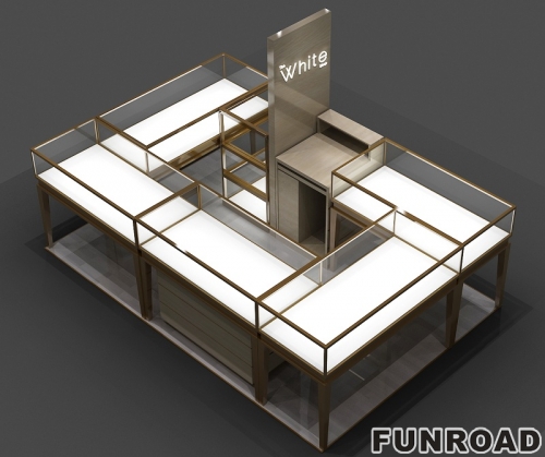 Retail Store Jewelry Display Counter Configuration with Tempered Glass Shelves