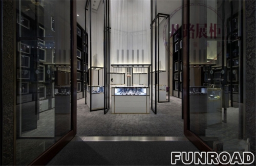 Fan lu exhibition cabinet factory, professional custom white lacquer jewelry display cabinet