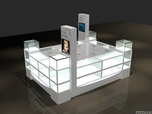 Professional Custom New Mordern Jewelry Glass Display Kiosk White Jewelry Counter For Shoppig Mall 