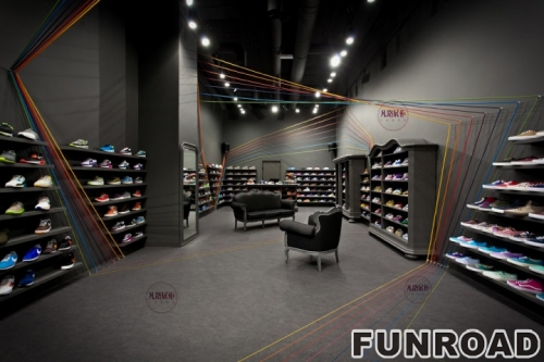 Case Study of Shoe Shoe Shopping Cabinet Display Shelf in Dark Shoe Tie Shoe Shop