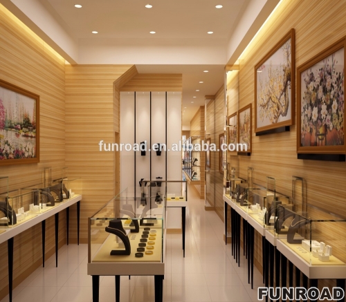 Modern Wooden Color Jewellery Shop Furniture Design with Glass Showcase