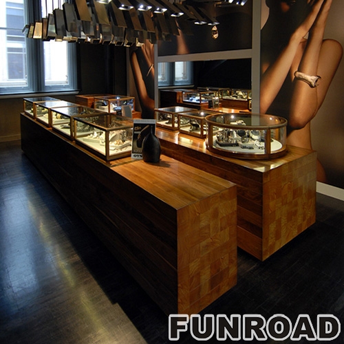 High End Jewelry Shop Illuminated Wooden Display Counter And Glass showcase