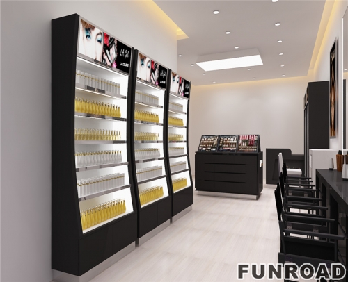 2019 Newest Baking Paint Furniture Cosmetic Display Design For Make Up Shop With Led Light 