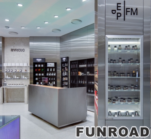 Customized cosmetics shop wooden displays design with laminate