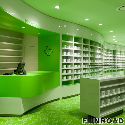 Pharmacy Wooden Furniture Design White MDF Shelving With LED Light