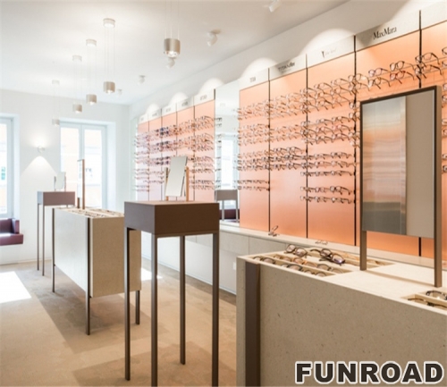 Wooden Optical Reveal Ark with Glass Cabinet for Store Furniture