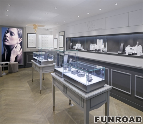 acrylic glass jewelry showroom showcase shop interior design with lights 