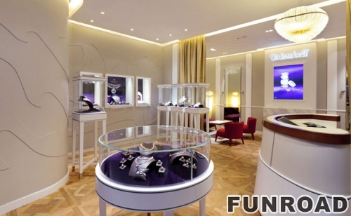 Customized built-in wall LED lighted glass showcase for jewelry store decoration