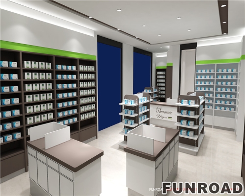 Retail Pharmacy Shop New Interior Design Glass Shelf Stand Gondola Custom Pharmacy Shelves Store Fixtures