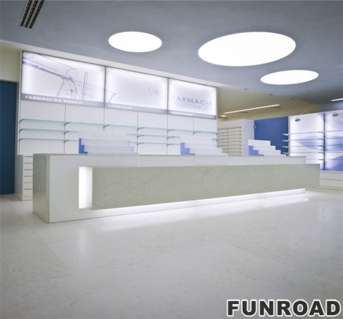 Pharmacy Store Fixtures Design Medical Retail Shop Interior Design Custom Pharmacy Wall Display Cabinet with Glass Shelves