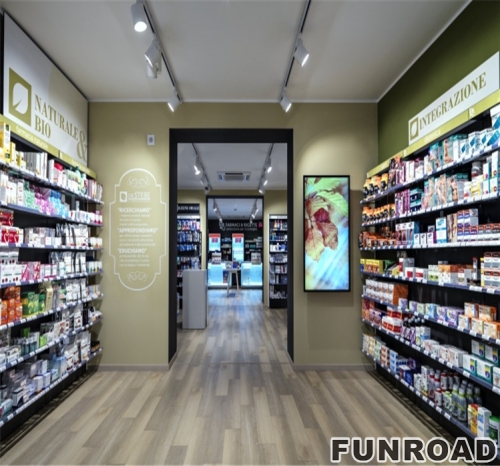 Custom Medical Wood Store Furniture Decoration Design Commercial Wooden Pharmacy Shop Display Floor Stand Design for Drugstore