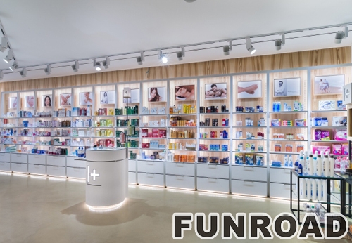 Fashion Showcase Medical Store Decoration Pharmacy Shop Interior Display Counter Furniture Display Rack 