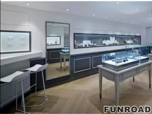 Customize Boutique Shop Renovation Wood Metal Cabinet Jewelry Showcase Glass Display Showroom Interior Custom Ideas