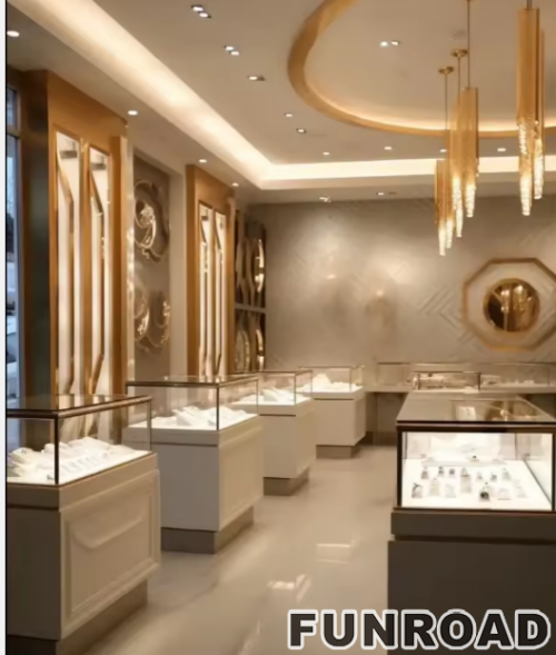 Funroad High End Jewelry Store Display Retail Custom Gold Stainless Steel Display Showcase for Jewelry Store and Counter