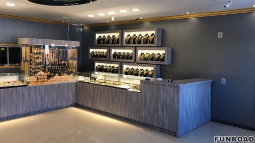 Funroad Shop Jewelry Store Renovation Design & Fitout Luxury Kiosk Custom Wall-mounted Cabinet Glass Display Cabinet
