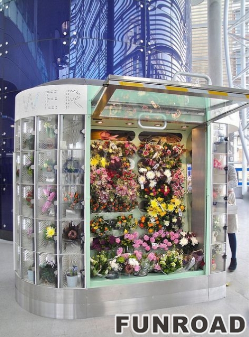 Durable Wooden Outdoor Retail Kiosk with LED Light Varnish Surface Treatment Flower Kiosk Display Showcase for Sale