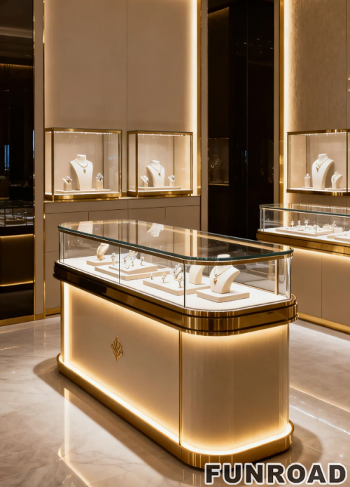 Customized High-end Modern Counter Glass Showcase Wooden Luxury Jewelry Showroom Kiosk Display LED Lighting Shopping Mall