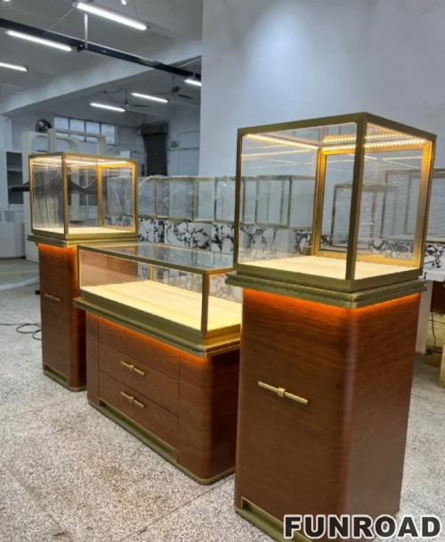 Customized High-end Modern Counter Iron Glass Showcase Wooden Luxury Jewelry Showroom Kiosk Display LED Lighting Shopping Mall