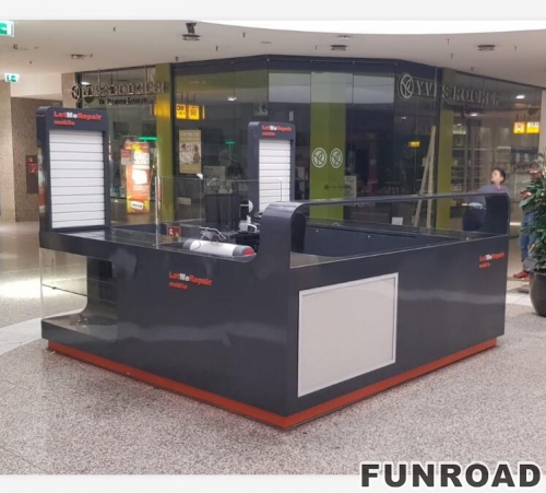 Funroad Mobile Phone Repair Kiosk LED Light Glass Display Shelf & Display Racks Customized Cell Phone Repair Counter Design