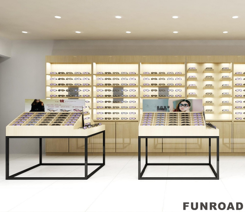 Luxury Optical Store Display Furniture Illuminated Wood Storage Cabinet for Eyewear Sunglasses Showcase Metal Wall Display Malls