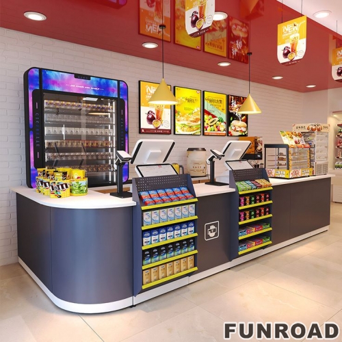 Customized Heavy-Duty Double-Sided Metallic Cash Counter Shelf for Supermarkets LED Light Check Out Table