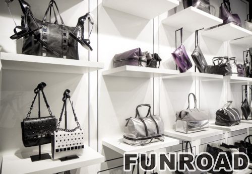 Custom shopping mall display stand, mall center handbag tower slatwall display