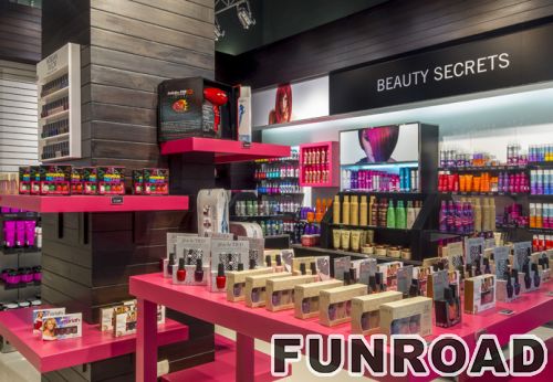 Cosmetic Store Wooden Wall Counters LED Lighted Display Wall Shelves