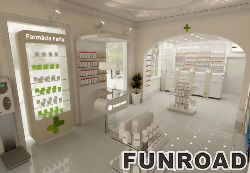 Wall-mounted Glass Pharmacy Showcase for Drugstore Interior Decor