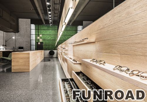 Golden Wood Optical Display Showcase for Sunglass Store Design