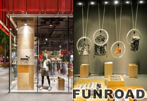 Stylish Wooden Showcase Shelves for Fashion Brand Clothing Shop
