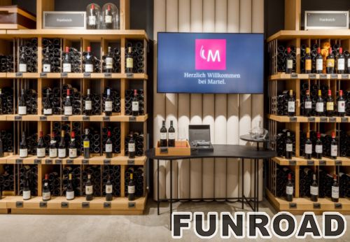 Laminated MDF display shelves and checkout counter designs for wine store decoration