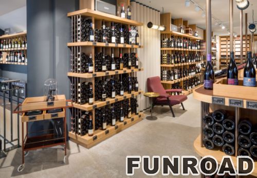 Laminated MDF display shelves and checkout counter designs for wine store decoration