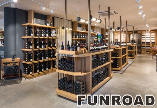 Laminated MDF display shelves and checkout counter designs for wine store decoration