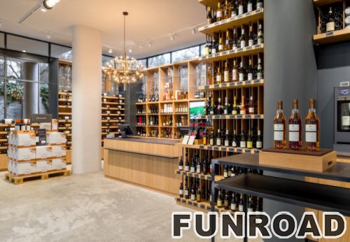 Laminated MDF display shelves and checkout counter designs for wine store decoration