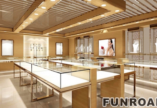 Golden Wood Display Showcase for Jewelry Brand Store Design