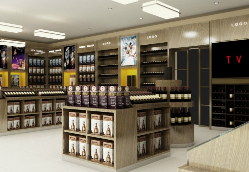 Wooden wine display cabinet and liquor display stand for duty free store interior design