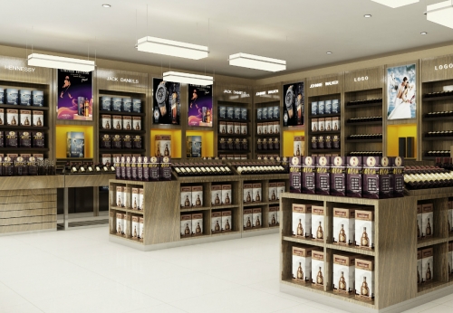 Wooden wine display cabinet and liquor display stand for duty free store interior design