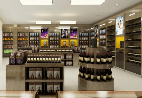 Wooden wine display cabinet and liquor display stand for duty free store interior design