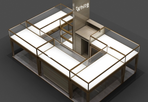 Retail Store Jewelry Display Counter Configuration with Tempered Glass Shelves