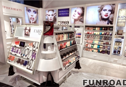 Cosmetics retail shop fitting wooden gondola and wall unit design for cosmetics display