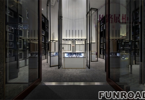 Fan lu exhibition cabinet factory, professional custom white lacquer jewelry display cabinet