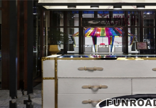 Fan lu exhibition cabinet factory, professional custom white lacquer jewelry display cabinet